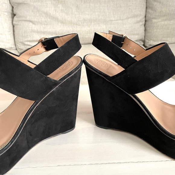 Tory Burch Loretta Platform Wedge Sandals Black Lancaster Suede Square Size 10.5 - Picture 7 of 10
